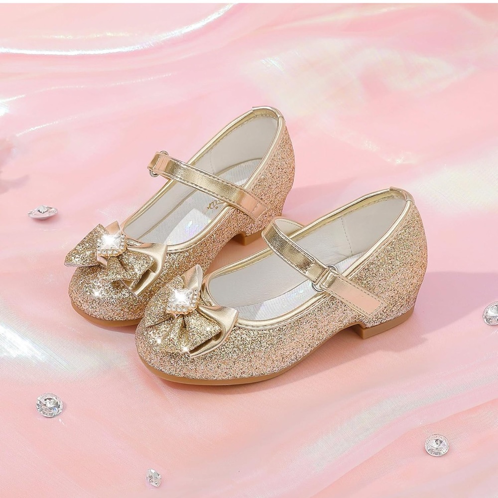 Girls Sparkly Gold Kids Shoes with Bow